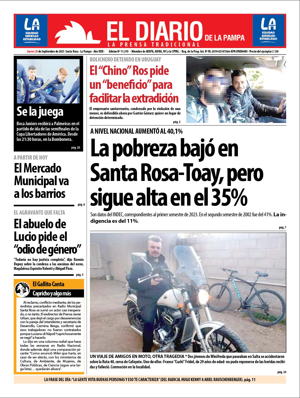 Tapa de El Diario en papel  jueves 28 de septiembre de 2023